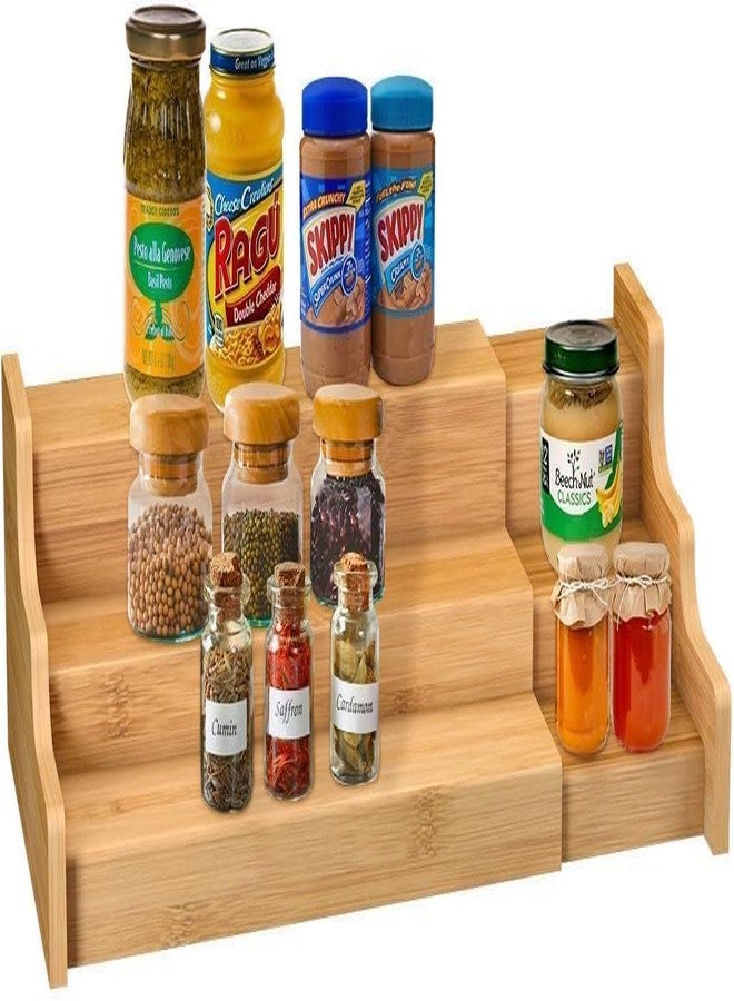 VBM 3-Tier Bamboo Spice Rack Organizer Expandable Wooden Shelf for Kitchen Cabinet Countertop Pantry Storage Waterproof Non-Skid Step Shelf for Spice Jars Bottles Seasonings Baking Supplies - Image 1