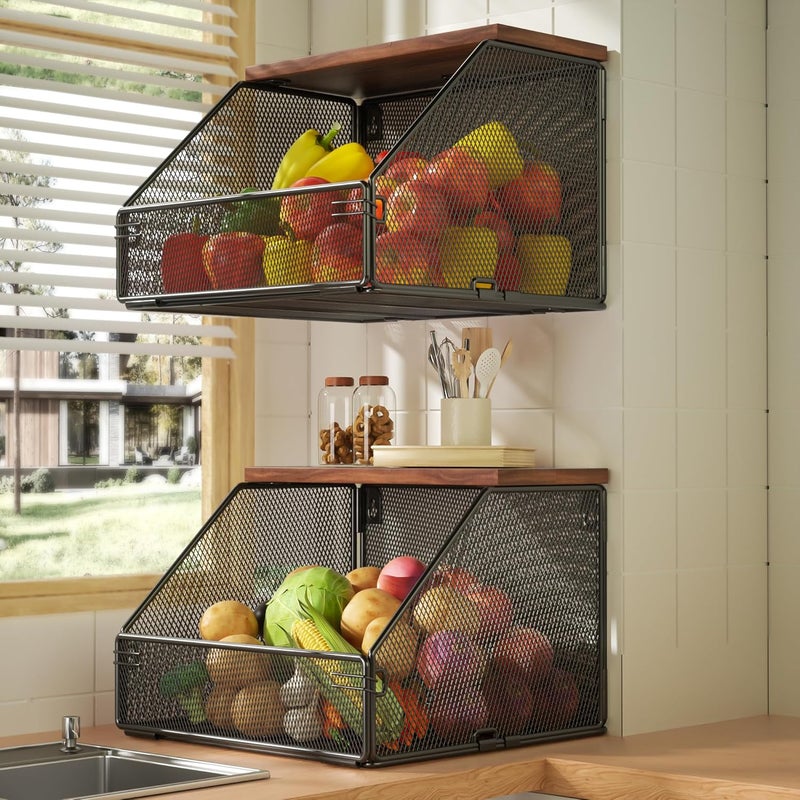 Litwaro Stackable Fruit Basket for Kitchen Countertop Space Saving, Wall Mounted Mesh Metal Wire Basket with Wood Lid Extra Storage, 2 Pack Kitchen Counter Organizer for Snack, Onion and Potato Storage, Black - Image 1