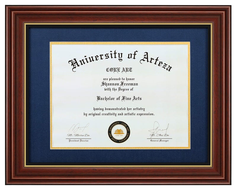 CORE ART 11x14 Diploma Frame Display Certificates 85x11 with Navy Mat or Documents 11x14 without Mat College Degree Wooden Frame with Tempered Glass for Wall and Tabletop DisplayChocolate Brown
