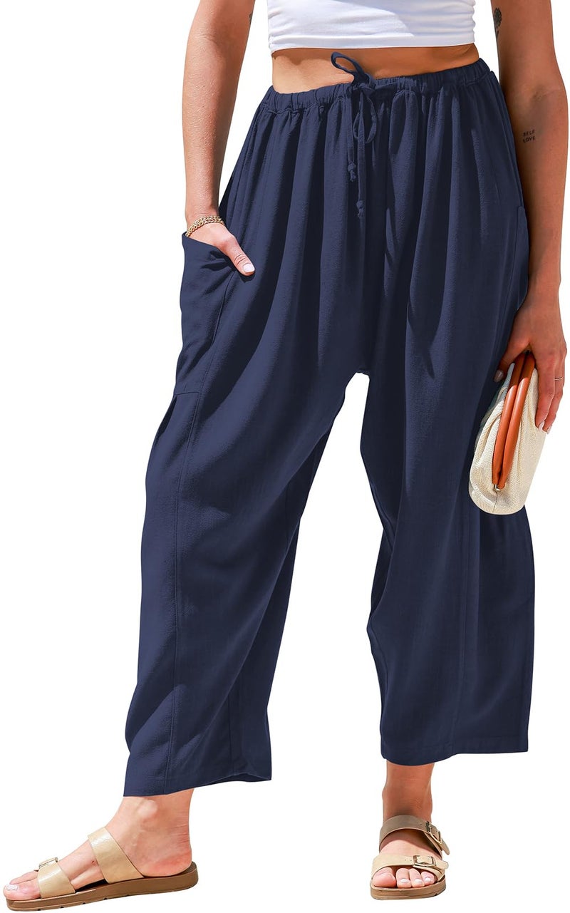 TARSE Womens Linen Wide Leg Pants Casual Loose Drawstring Low Waist Beach Palazzo Harem Pants with Pockets(Navy,L) - Image 5