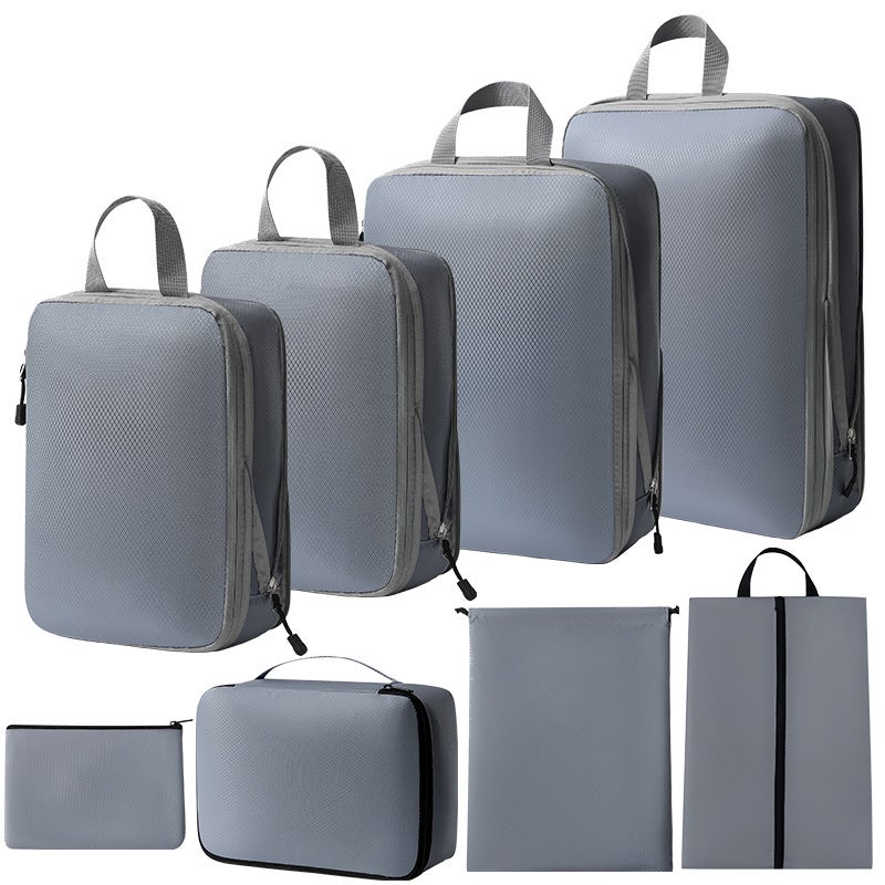 7-Piece Travel Organizer Compression SetThree-piece set + s + shoe bag + bra bag + flat pocket + drawstring pocket (gray eight-piece set) Three-piece set + s + shoe bag + bra bag + flat pocket + drawstring pocket (gray eight-piece set)