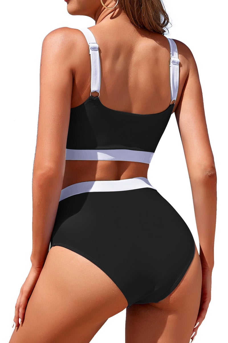 Adisputent Womens High Waisted Bikini Sets Sporty Crop Top Color Block Swimwear Bandeau Scoop Neck Vintage Two Piece Bathing Suits Black XL - Image 4