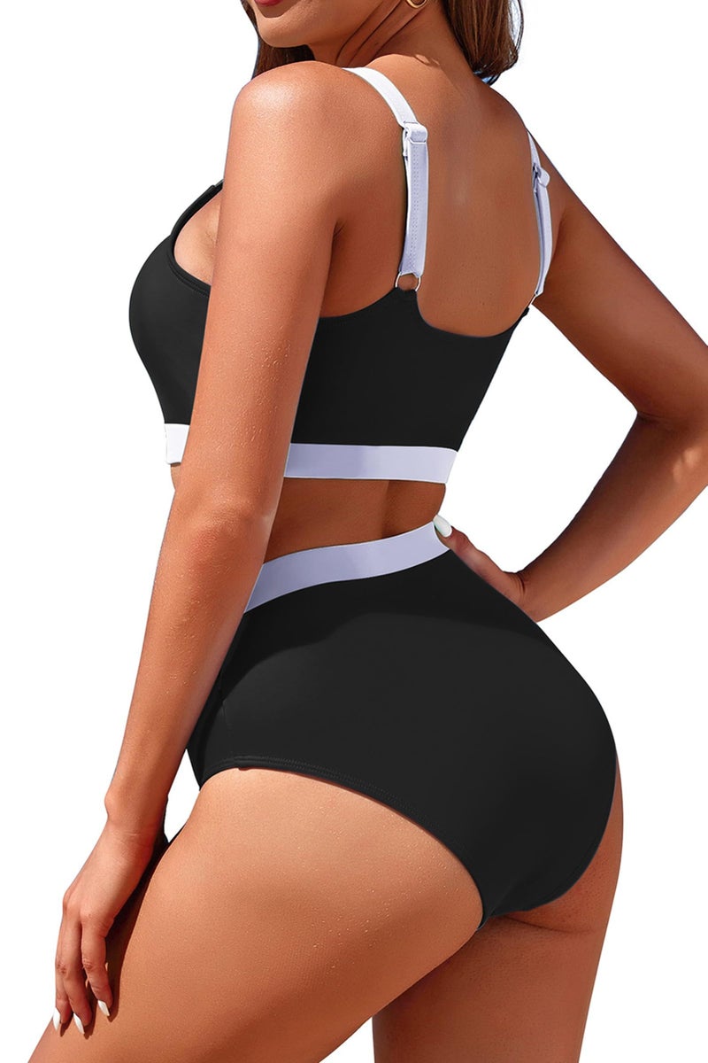 Adisputent Womens High Waisted Bikini Sets Sporty Crop Top Color Block Swimwear Bandeau Scoop Neck Vintage Two Piece Bathing Suits Black XL - Image 2