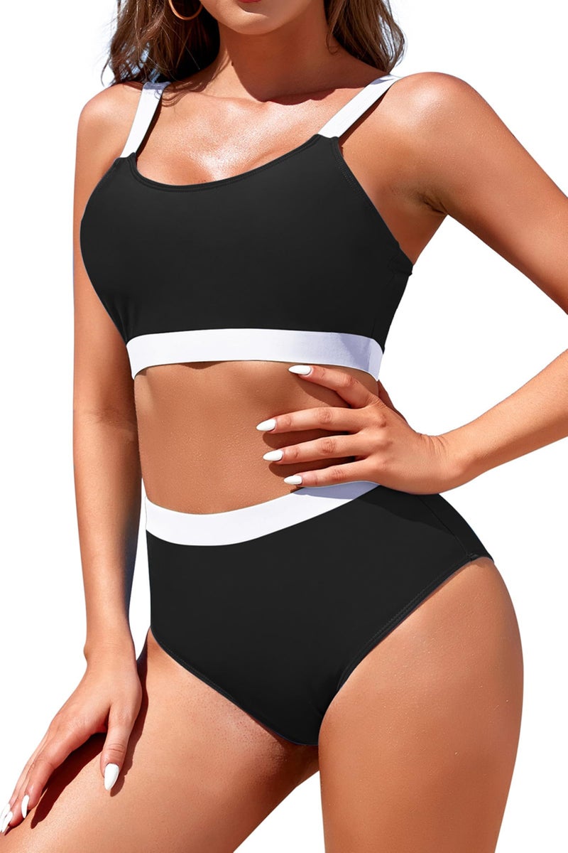 Adisputent Womens High Waisted Bikini Sets Sporty Crop Top Color Block Swimwear Bandeau Scoop Neck Vintage Two Piece Bathing Suits Black XL - Image 3