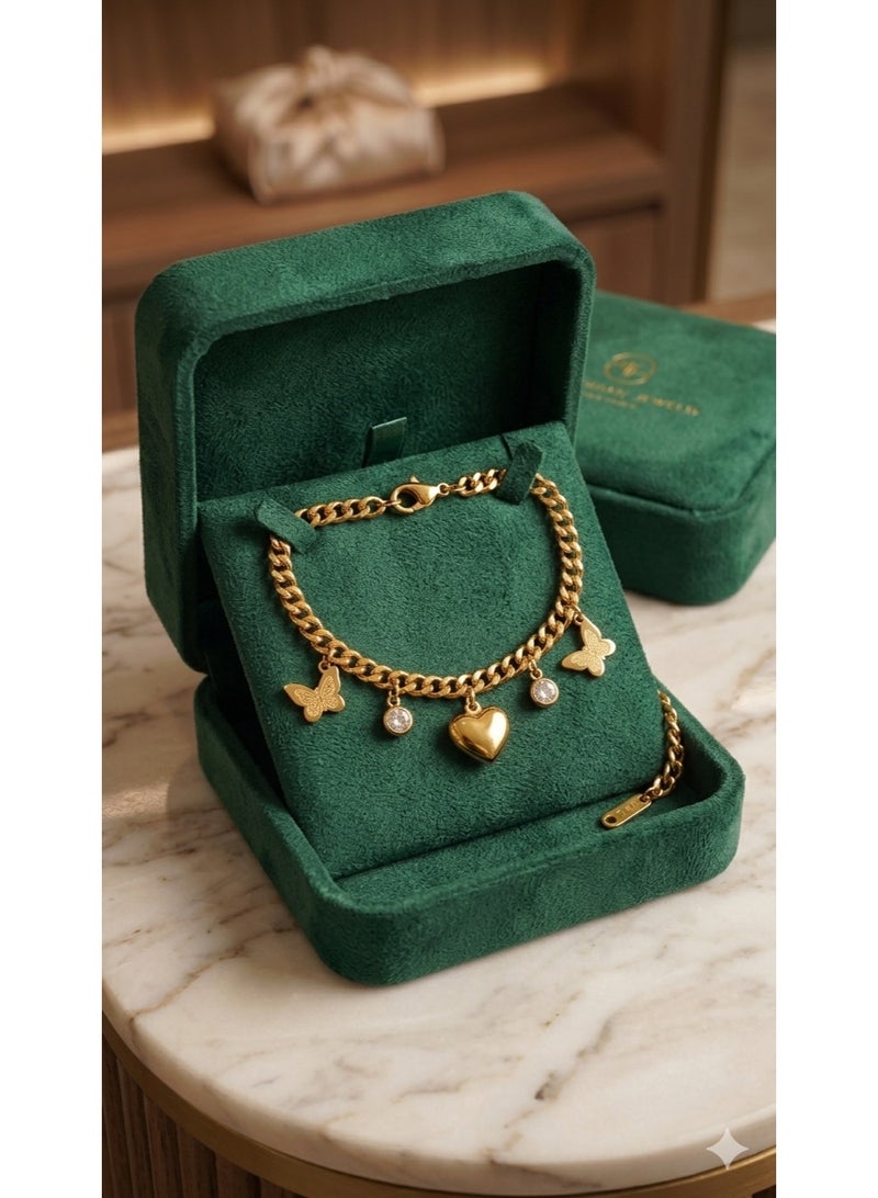 Stylish Gold-Tone Stainless Steel Bracelet with Mixed Charms - Tarnish-Free Elegant Wristwear. - Image 1