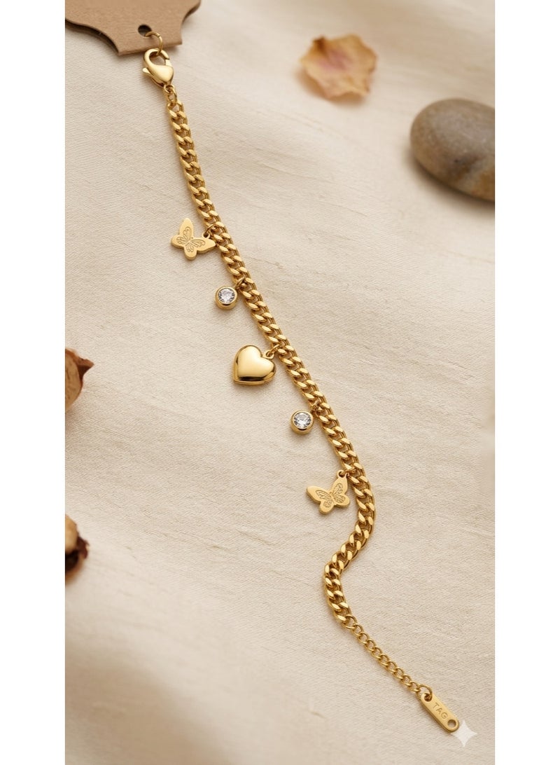 Stylish Gold-Tone Stainless Steel Bracelet with Mixed Charms - Tarnish-Free Elegant Wristwear. - Image 3