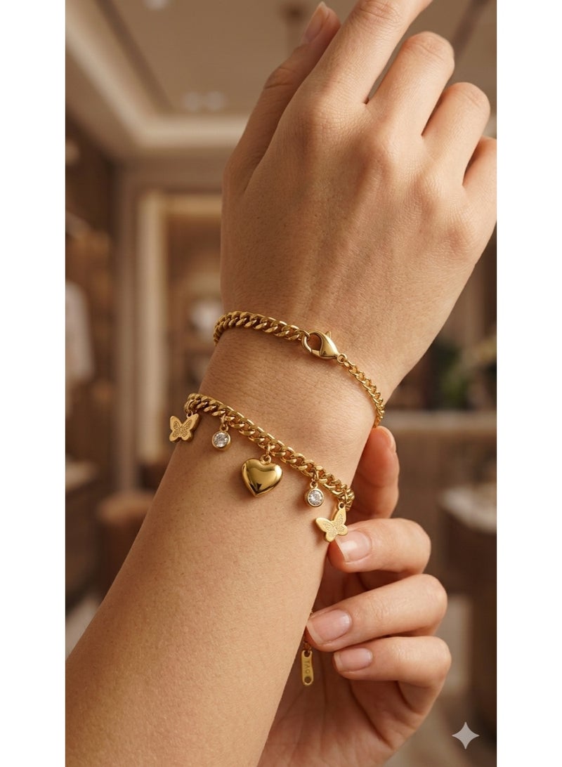 Stylish Gold-Tone Stainless Steel Bracelet with Mixed Charms - Tarnish-Free Elegant Wristwear. - Image 2