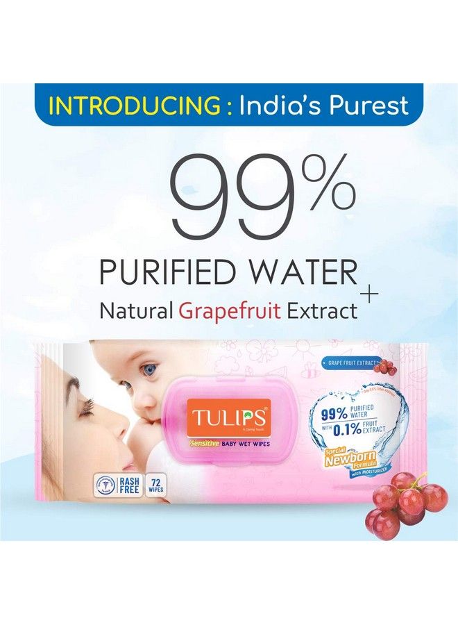 Tulips Sensitive Baby Wet Wipes Lid Pack (72 Wipes X 5 Pack) For Gentle Cleaning Moisturising Rash Free 99% Purified Water With Grapefruit Extracts - Image 3