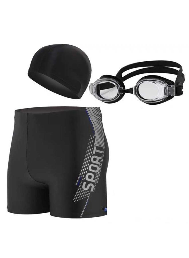 Generic Swimming Trunks Swimming Goggles Swimming Cap Three-piece Men's Swimming Equipment Fog-proof Embarrassment-proof Boxer Men's Swimming Trunks Straight Hair-Color:[thick Fabric] Black Swimming Trunks Black Swimming Cap Black Swimming Goggles (three Sets)-Size:2XL Recommended 60.00 Kg-70.00 Kg - Image 3