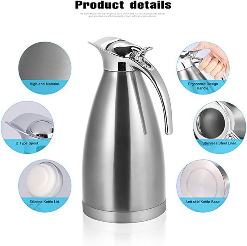 كوب حراري سعة 1.5L/2L، من الفولاذ المقاوم للصدأ مع عزل فراغي، غطاء بزر، يحافظ على الحرارة لمدة 8-12 ساعة (1.5L) - Image 2