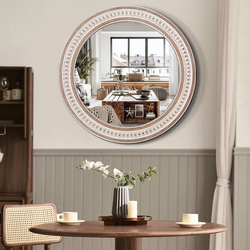 Decointo 24 Inches Rustic Round Wall Mirrors - Wooden Farmhouse Circle Mirror for Bathroom, Entryway, Bedroom, Living Room, Entryway Decorative - Image 2