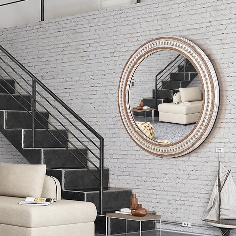 Decointo 24 Inches Rustic Round Wall Mirrors - Wooden Farmhouse Circle Mirror for Bathroom, Entryway, Bedroom, Living Room, Entryway Decorative - Image 4