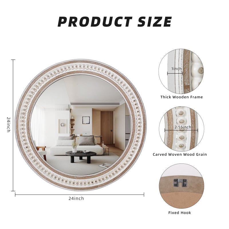 Decointo 24 Inches Rustic Round Wall Mirrors - Wooden Farmhouse Circle Mirror for Bathroom, Entryway, Bedroom, Living Room, Entryway Decorative - Image 5