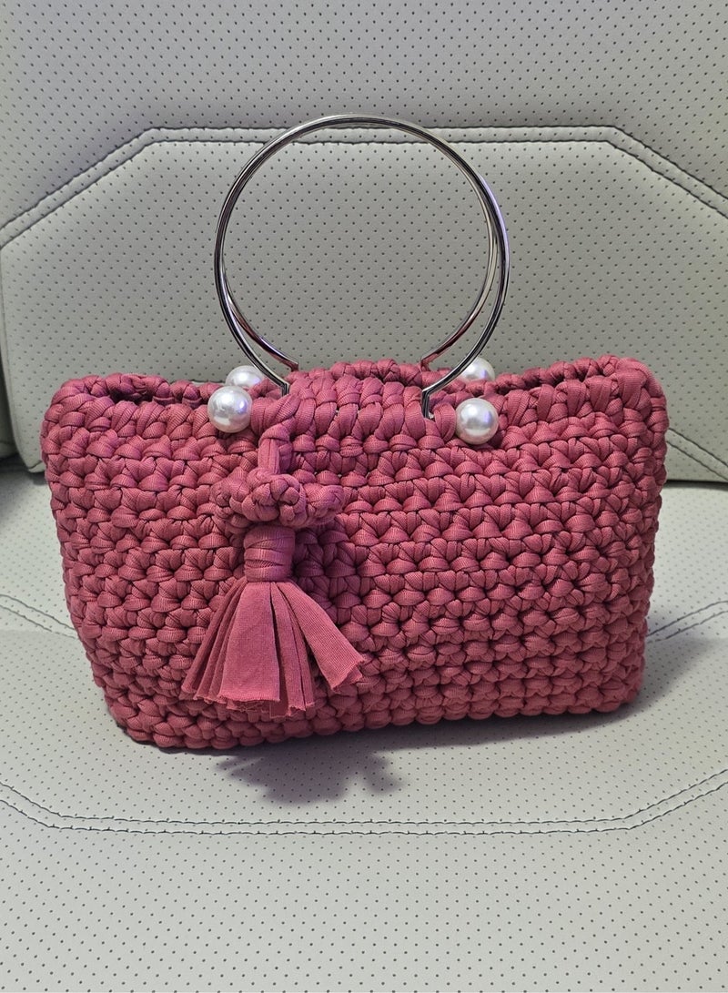 Pink Crochet Handbag with Pearl Ring Handles and Tassel Charm
