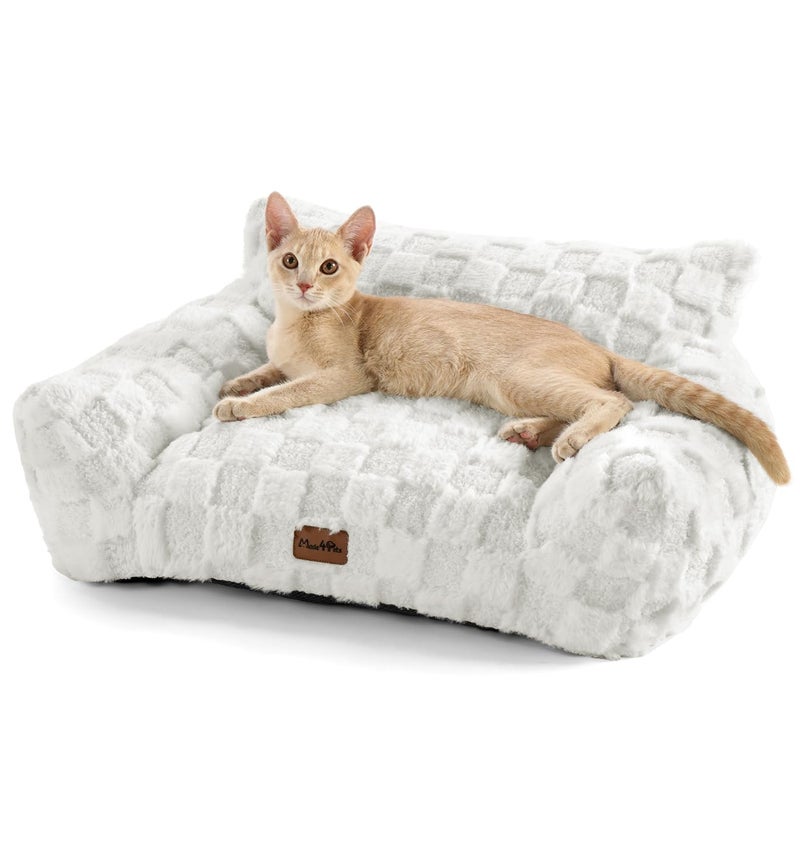 MADE 4 PETS Made4Pets Cat Beds for Indoor Cats, Cat Couch Bed, Soft Faux Fur Checkered Pet Sofa, Calming Fluffy Kitten Sofa with Supportive Foam, Removable Washable Cover with Non-Slip Base, White, Small - Image 1