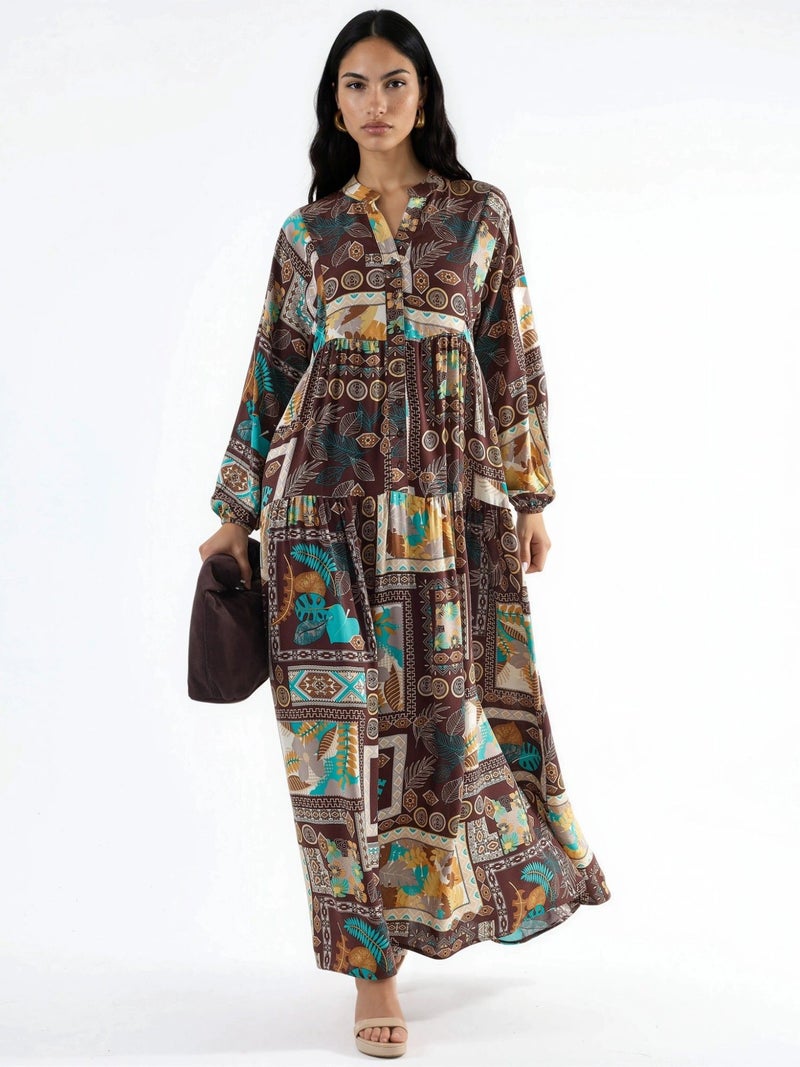 HICCUP V-Neck Patterned Maxi Dress - Image 1
