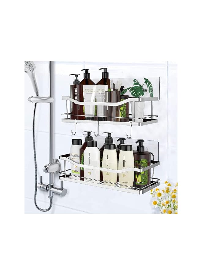 Raxoom Shower Caddy Shelf with 5 Hooks Organizer Storage Rack Rustproof Wall Mounted Stainless Steel No Drilling for Bathroom, Toilet, Kitchen - 2 Pack - Image 4