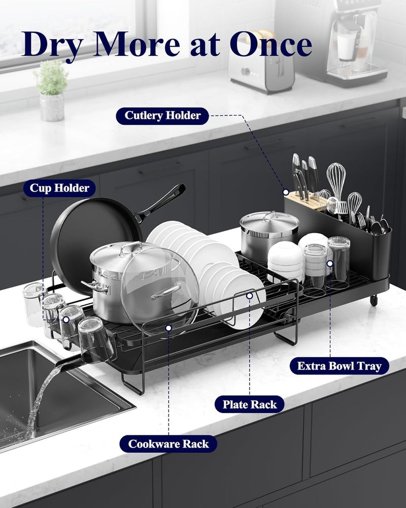 Kitsure Large Dish Drying Rack - Extendable Dish Rack, Multifunctional Dish Rack for Kitchen Counter, Anti-Rust Dish Drainers with Cutlery & Cup Holders 19.2"-26.7" L x 12.9" W, Black - Image 2
