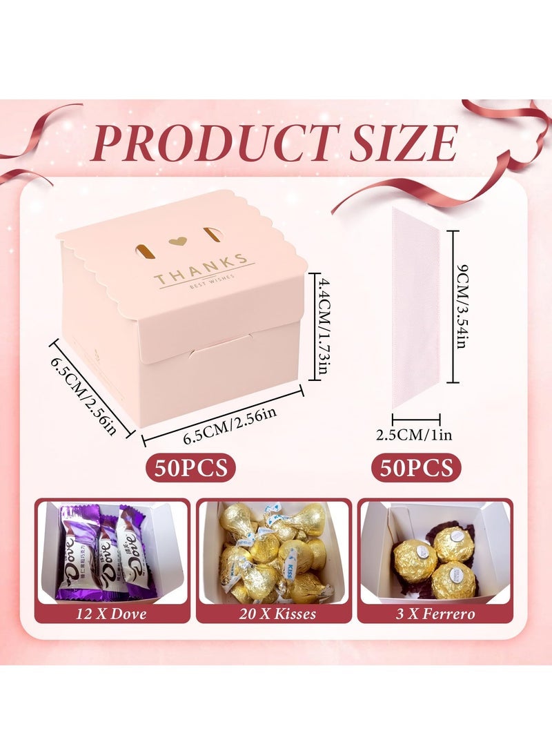 50 Pack Small Thank You Mini Pink Party Favor Gift Bags with Pink Bow Ribbon Treat Boxes Paper Bags for Wedding Baby Shower Bridesmaid Celebration (6.5*6.5*6.5cm, Pink) - Image 2
