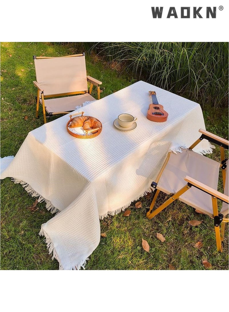 دبليو أيه أو كي أن مفرش طاولة من قطن تيريلين مع شرابة، ملاءة نزهة، سجادة نزهة، مناسبة لشمال أوروبا، قابلة للطي، خفيفة الوزن، كبيرة الحجم، قابلة للتخزين، محمولة، مناسبة للأنشطة الخارجية، المهرجانات الرياضية، مشاهدة أزهار الكرز، مقاس 180 × 130 سم، كاكي - Image 4