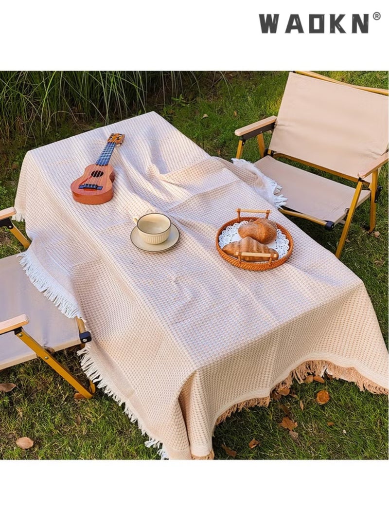 دبليو أيه أو كي أن مفرش طاولة من قطن تيريلين مع شرابة، ملاءة نزهة، سجادة نزهة، مناسبة لشمال أوروبا، قابلة للطي، خفيفة الوزن، كبيرة الحجم، قابلة للتخزين، محمولة، مناسبة للأنشطة الخارجية، المهرجانات الرياضية، مشاهدة أزهار الكرز، مقاس 180 × 130 سم، كاكي - Image 1