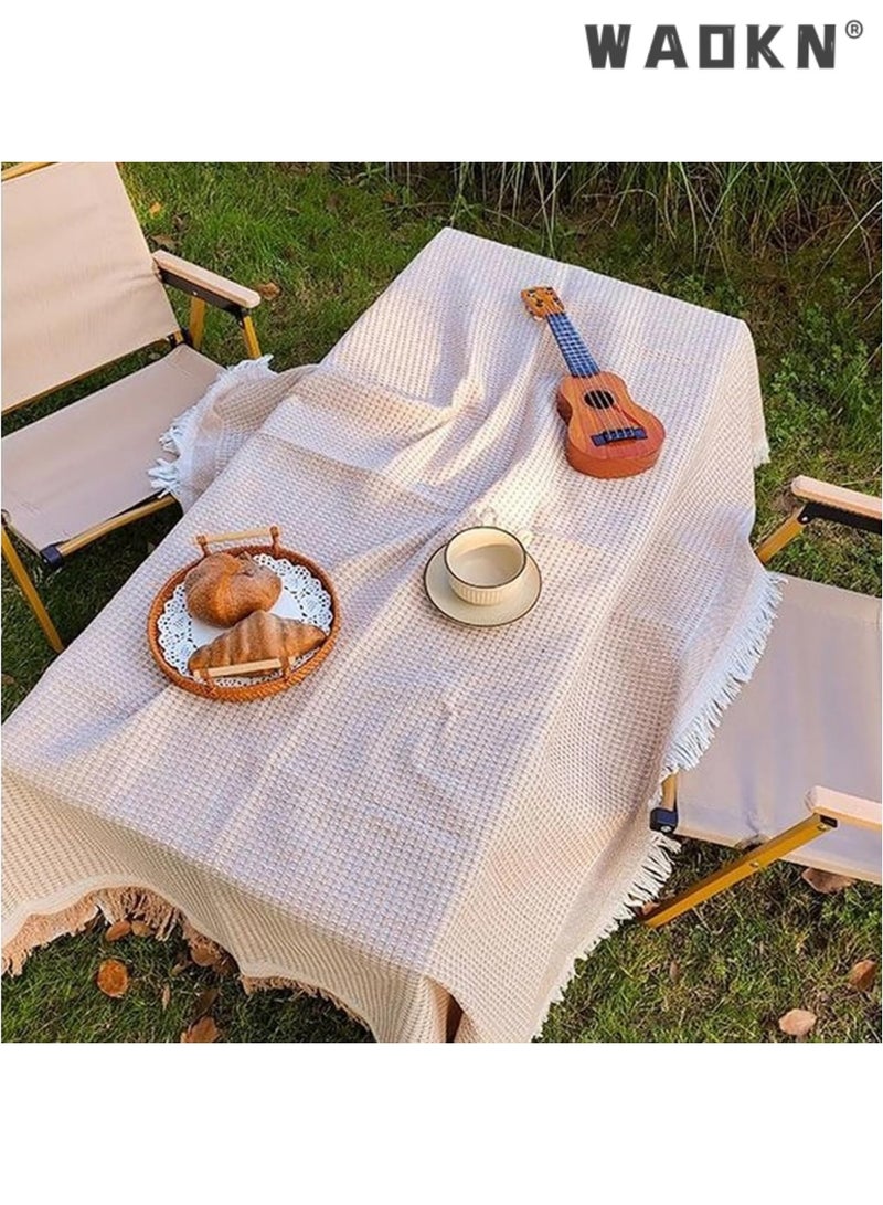 دبليو أيه أو كي أن مفرش طاولة من قطن تيريلين مع شرابة، ملاءة نزهة، سجادة نزهة، مناسبة لشمال أوروبا، قابلة للطي، خفيفة الوزن، كبيرة الحجم، قابلة للتخزين، محمولة، مناسبة للأنشطة الخارجية، المهرجانات الرياضية، مشاهدة أزهار الكرز، مقاس 180 × 130 سم، كاكي - Image 5