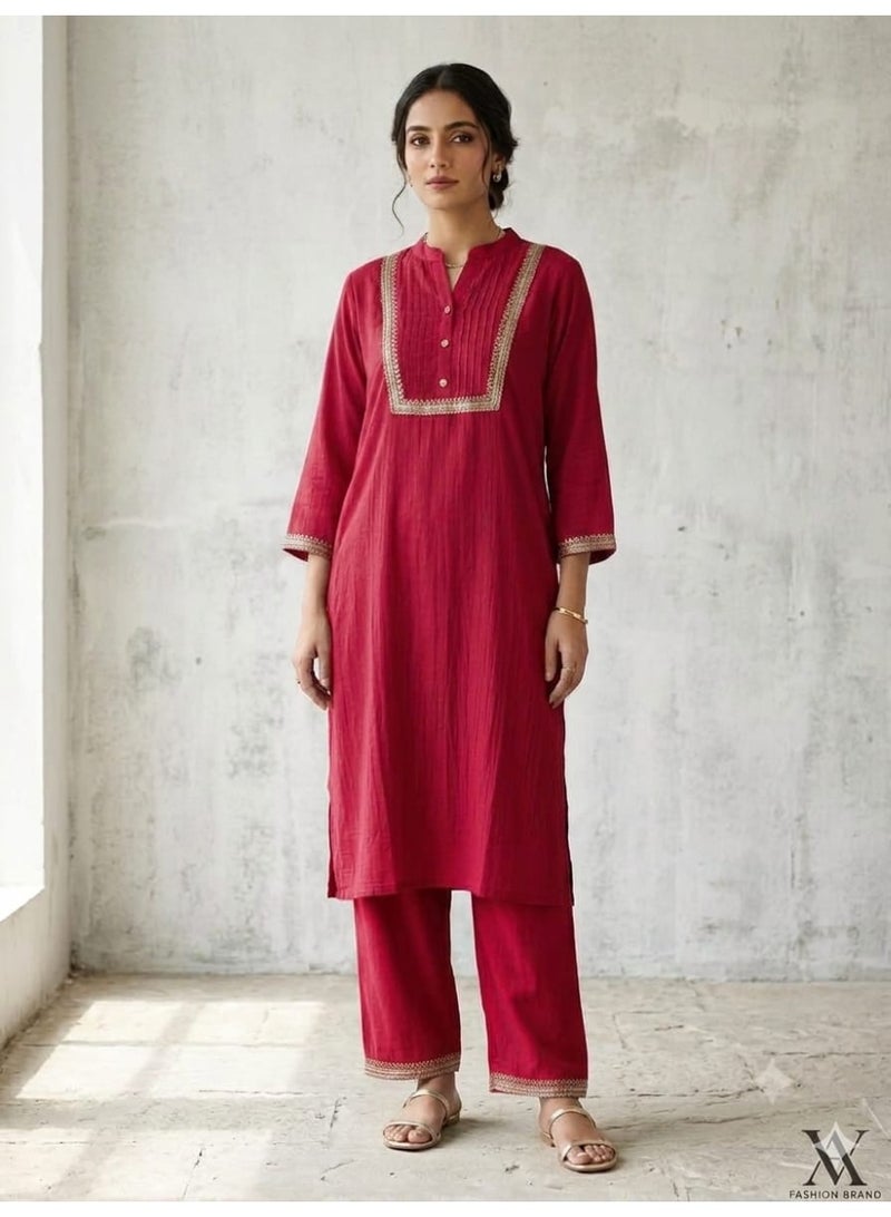 Women's 2-Piece Red Kurti Set with Embroidered Neckline
