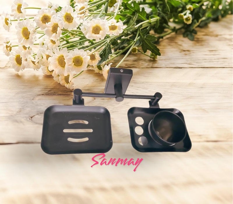 Sanmay Stainless Steel Double Queen Bathroom Wall Mounted Soap Dish with Glass Holder - Image 3