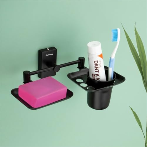 Sanmay Stainless Steel Double Queen Bathroom Wall Mounted Soap Dish with Glass Holder - Image 2