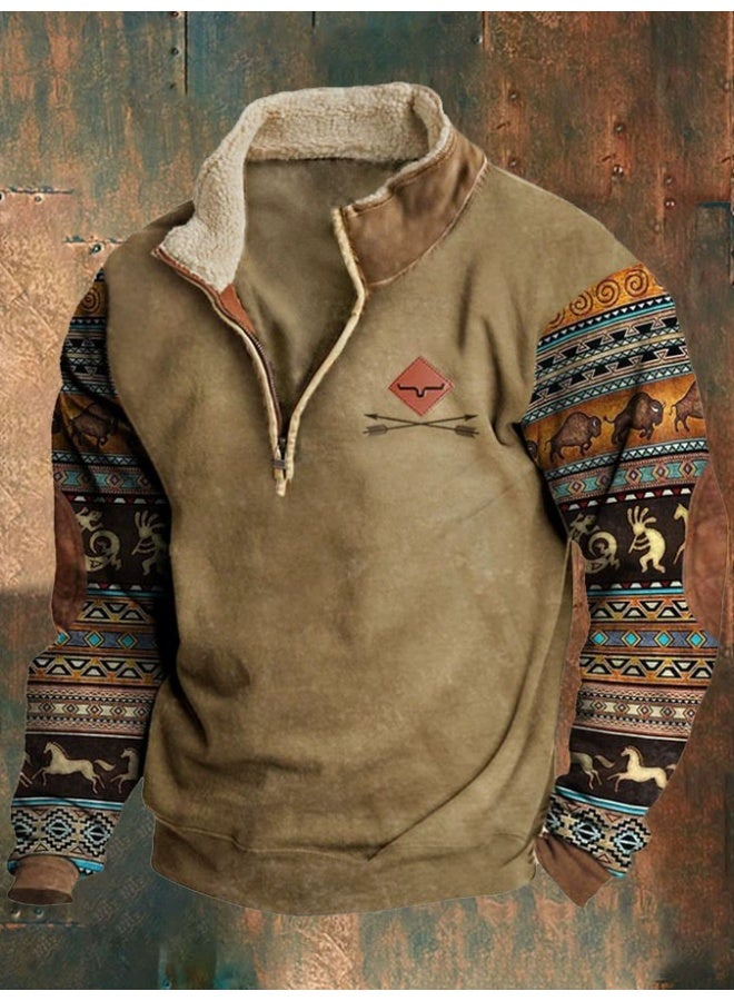 general HOTYD Men's 1/4 Zip Fleece Stand Collar Sweatshirt Aztec Pattern Oversized Long Sleeve Pullover Hoodie - Image 1