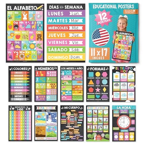 Hadley Designs Spanish Classroom Decorations 12 Spanish Posters for Classroom Elementary Abecedario para Nios en Espaol Laminated Colorful Chalk Bilingual Educational Posters 11x17