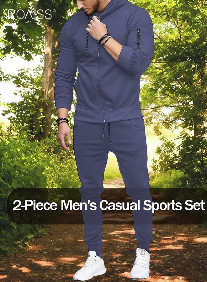 roaiss بدلة رياضية رجالية مكونة من قطعتين بدلة رياضية بقلنسوة أطقم غير رسمية مريحة للركض والجري بدلات رياضية بسحاب كامل للرجال - Image 1