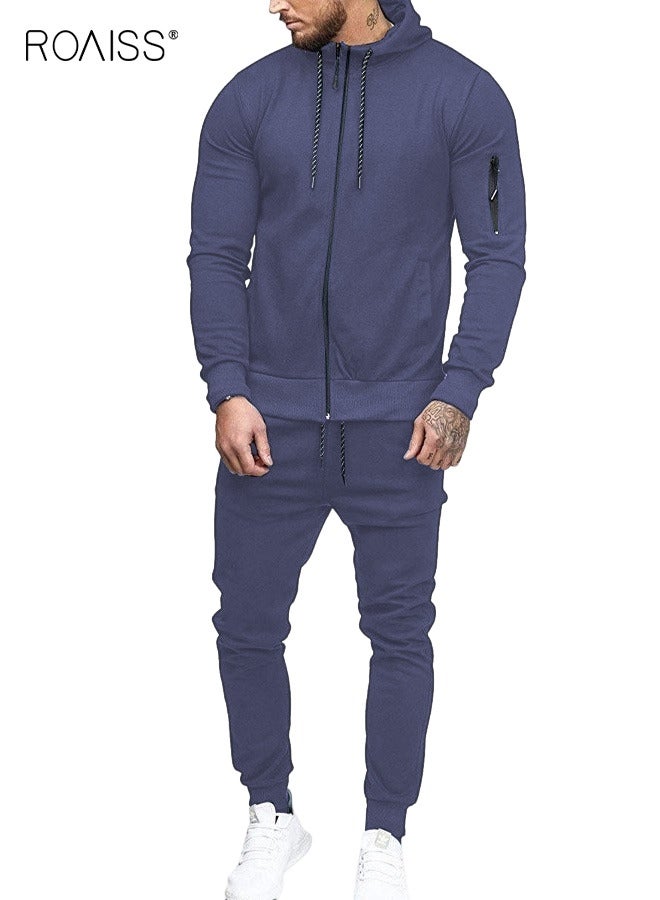 roaiss بدلة رياضية رجالية مكونة من قطعتين بدلة رياضية بقلنسوة أطقم غير رسمية مريحة للركض والجري بدلات رياضية بسحاب كامل للرجال - Image 3