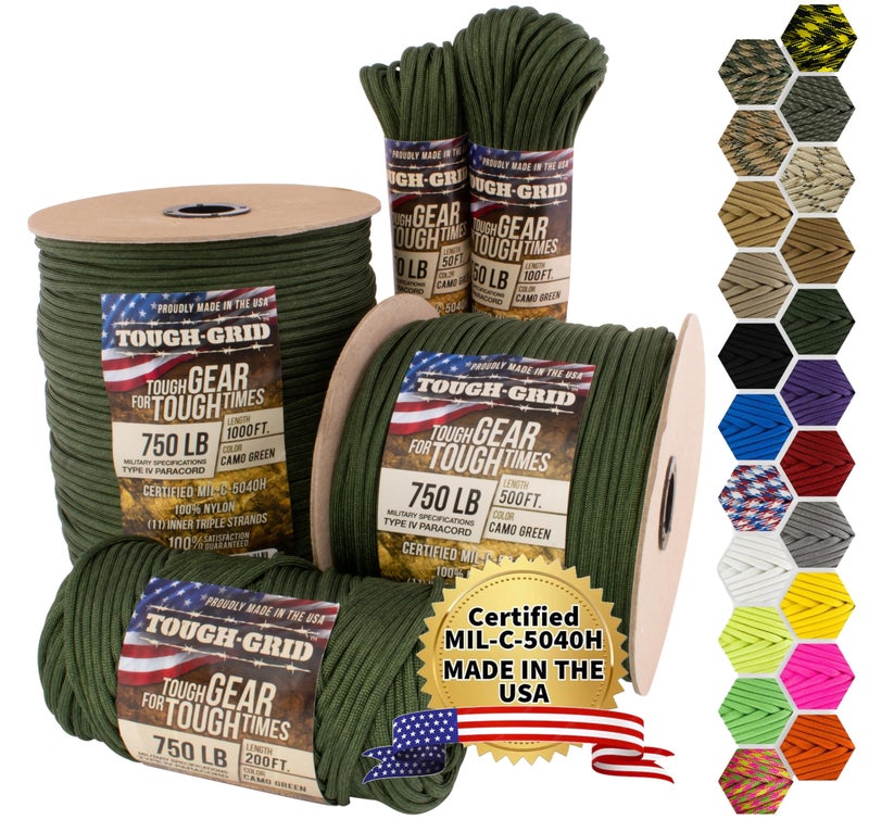 TOUGH-GRID Premium 750lb Paracord Rope - Made in USA - 100% Nylon Type IV Mil-Spec - UV & Abrasion Resistant - Heavy Duty Strands - Outdoor Survival Rope - Used by US Military - 100ft - Camo Green - Image 1
