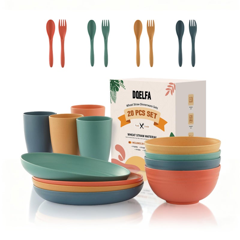 DQELFA 20PCS Wheat Straw Dinnerware Sets, DQELFA Reusable Kids Toddler Plates and Bowls Sets, Unbreakable Lightweight Kids Dish Set, Microwave and Dishwasher Safe - Image 1
