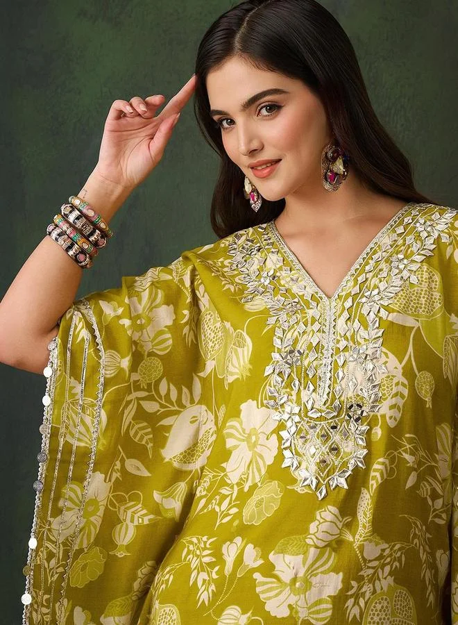 ISHIN Women's Yellow Chanderi Embellished Tunic Top With Ankle Palazzo Flared 2 Peice Kurta Set