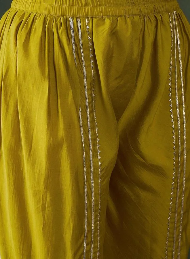 ISHIN Women's Yellow Chanderi Embellished Tunic Top With Ankle Palazzo Flared 2 Peice Kurta Set
