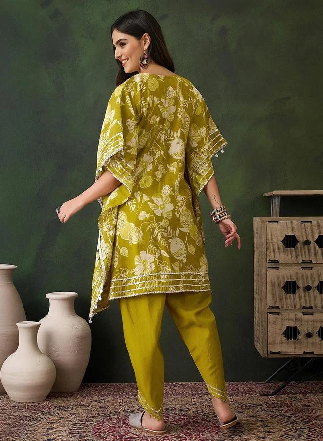 ISHIN Women's Yellow Chanderi Embellished Tunic Top With Ankle Palazzo Flared 2 Peice Kurta Set