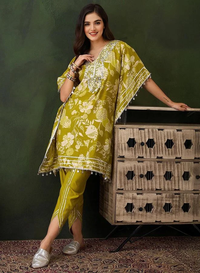 ISHIN Women's Yellow Chanderi Embellished Tunic Top With Ankle Palazzo Flared 2 Peice Kurta Set