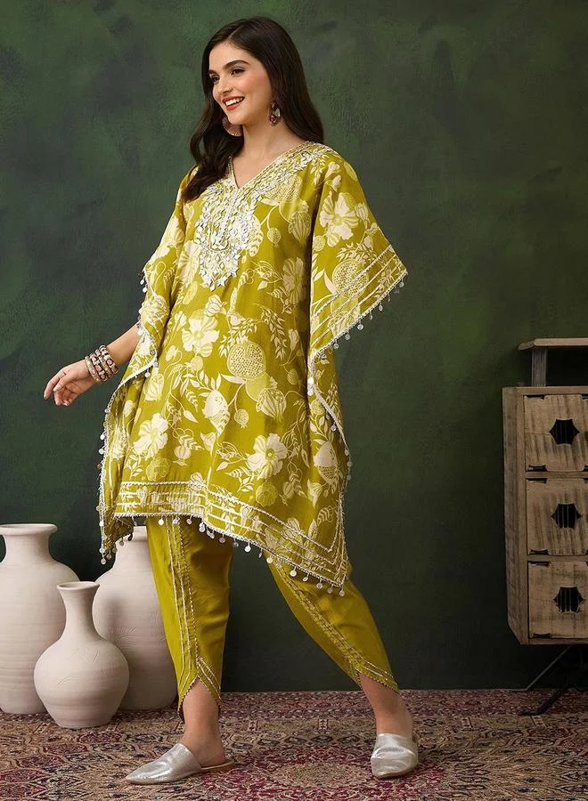 ISHIN Women's Yellow Chanderi Embellished Tunic Top With Ankle Palazzo Flared 2 Peice Kurta Set