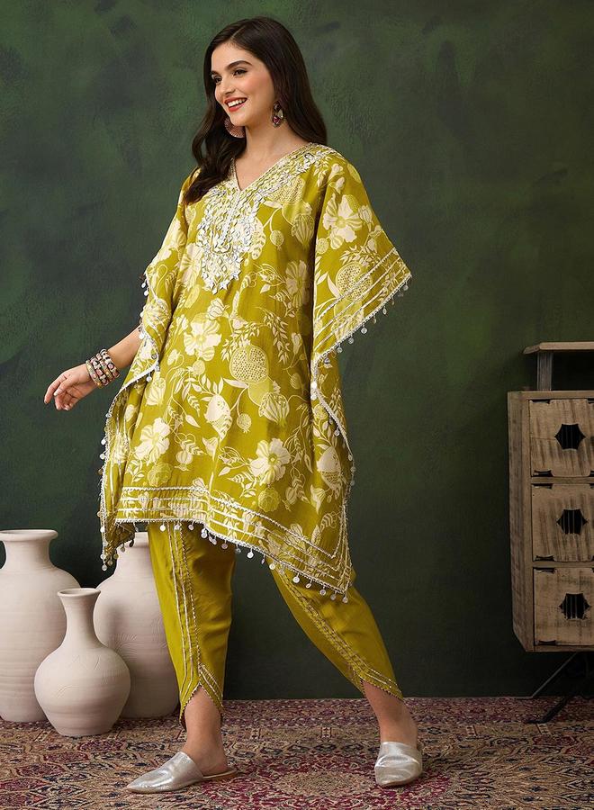 ISHIN Women's Yellow Chanderi Embellished Tunic Top With Ankle Palazzo Flared 2 Peice Kurta Set - Image 3