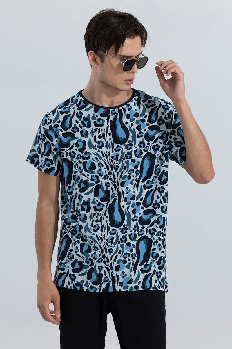 SNITCH Blue Animal Print Half Sleeve Slim Fit Streetwear T-Shirt