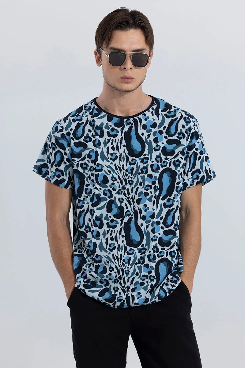 SNITCH Blue Animal Print Half Sleeve Slim Fit Streetwear T-Shirt