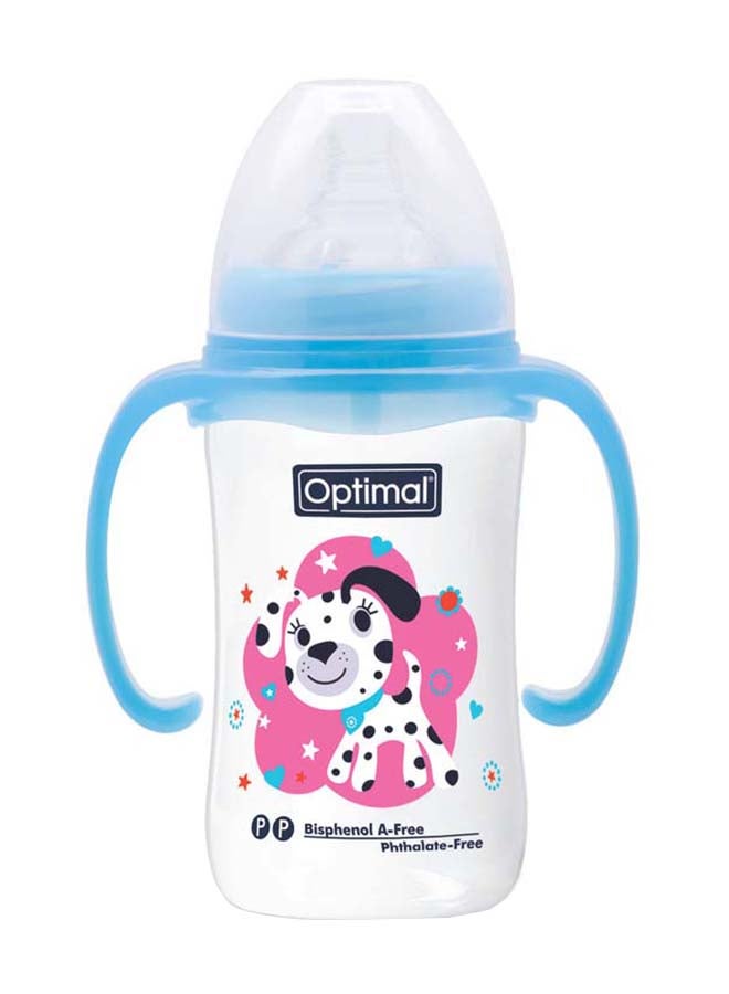 Optimal زجاجة رضاعة ذات عنق عريض ومقبض سعة 240 مل، لون أزرق - Image 1