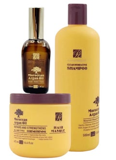 RB 3Pcs Moroccan Argan Oil Clear Hydrating Shampoo+ Hair Masque + Moroccan Argan Oil 