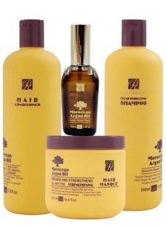 RB 4Pcs Moroccan Argan Oil Clear Hydrating Shampoo+ Conditioner + Hair Masque + Moroccan Argan Oil 