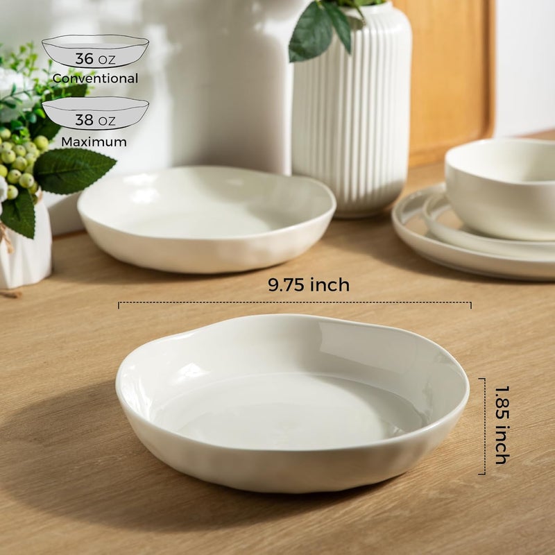 LERATIO 9.75 "Ceramic Flat Pasta Bowls, Wavy Rim 38oz Large Bowls Set of 4 for Kitchen,Modern Porcelain Stoneware pasta bowls,Dishwasher & Microwave & Oven Safe Bowls with for Pasta-White - Image 2