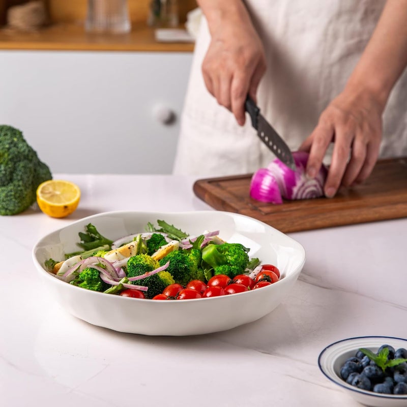 LERATIO 9.75 "Ceramic Flat Pasta Bowls, Wavy Rim 38oz Large Bowls Set of 4 for Kitchen,Modern Porcelain Stoneware pasta bowls,Dishwasher & Microwave & Oven Safe Bowls with for Pasta-White - Image 3