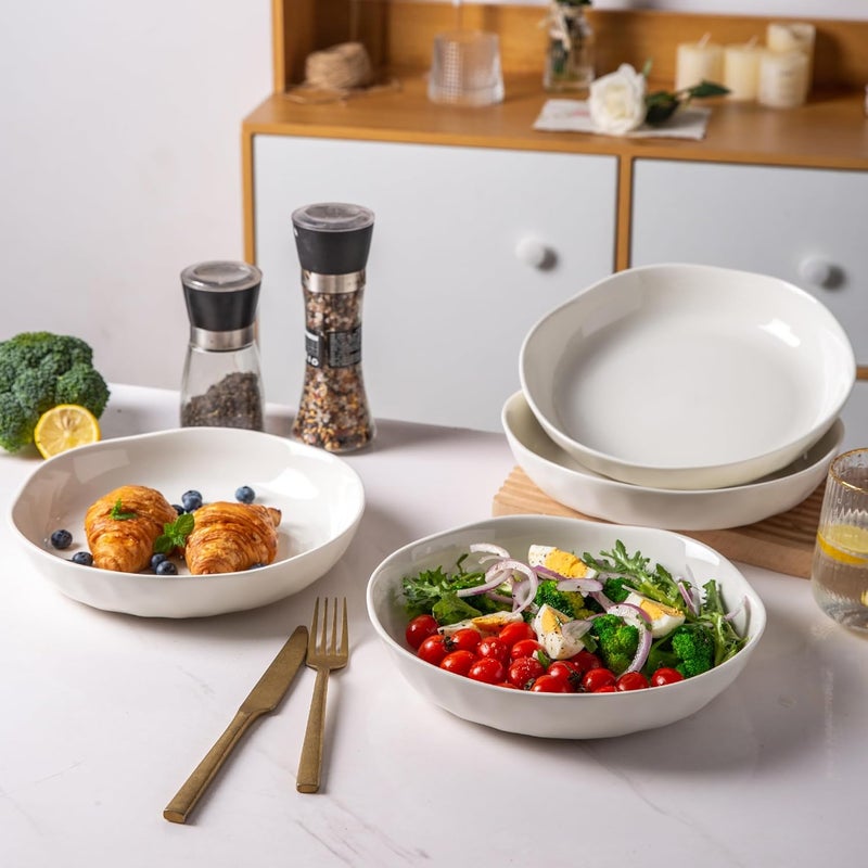LERATIO 9.75 "Ceramic Flat Pasta Bowls, Wavy Rim 38oz Large Bowls Set of 4 for Kitchen,Modern Porcelain Stoneware pasta bowls,Dishwasher & Microwave & Oven Safe Bowls with for Pasta-White - Image 5