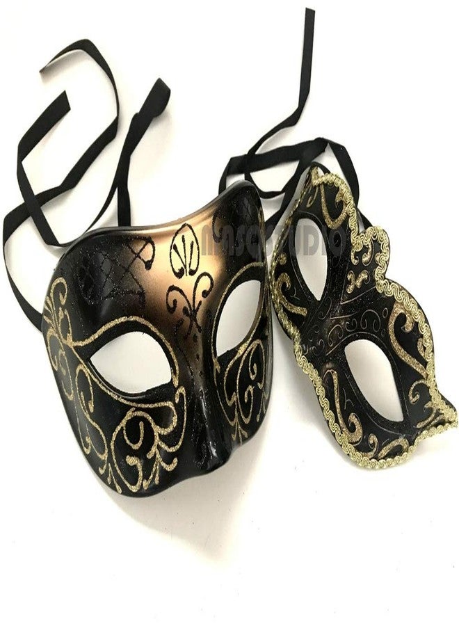 MasqStudio Couples Masquerade Ball Mask Cosplay Mardi Gras Prom Dance Birthday Dad Daughters Party Wear or Cake Topper (Black Gold) - Image 1